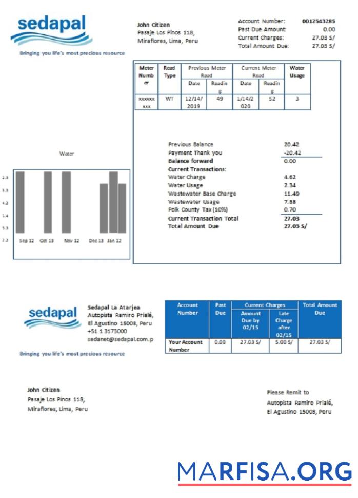 Blank Peru Sedapal La Atarjea water utility bill template in Word and PDF format